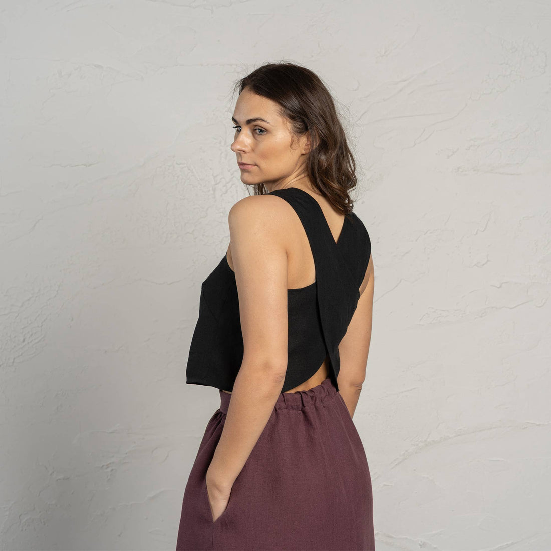 Leinen Cross-Back Crop Top in viele Farben