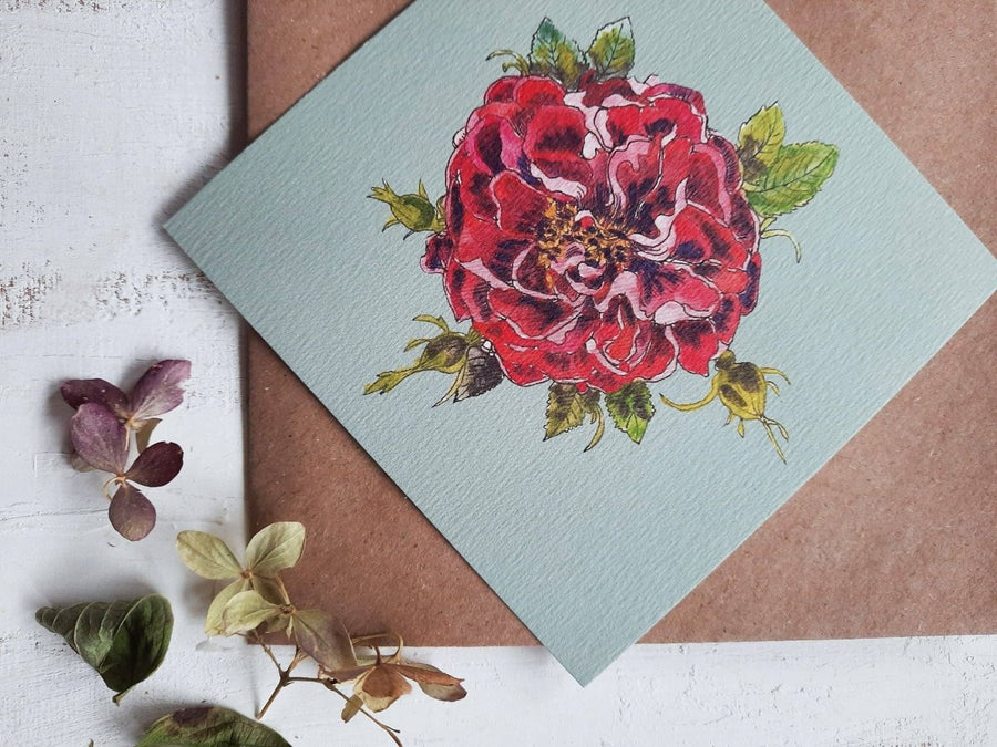 Kleine flache Karte mit rosa Rosen auf Hellblau - The Baltic Shop