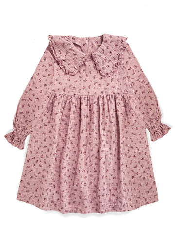 Muslin - Kleid mit Kragen und Rüschenärmeln in Rosa Blumenprint für Kinder - The Baltic Shop