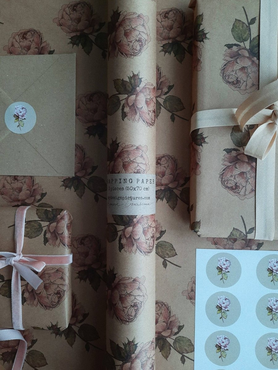 Set mit 3 Stück Vintage Rose Kraft - Geschenkpapier - The Baltic Shop