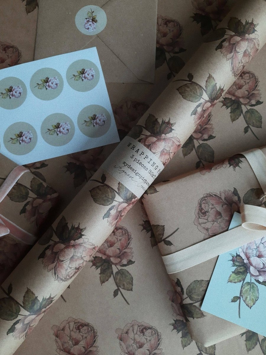 Set mit 3 Stück Vintage Rose Kraft - Geschenkpapier - The Baltic Shop