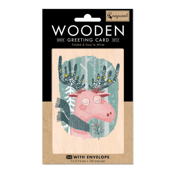 Weihnachtskarte aus Holz - glücklicher Reh - The Baltic Shop