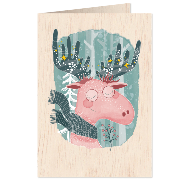 Weihnachtskarte aus Holz - glücklicher Reh - The Baltic Shop